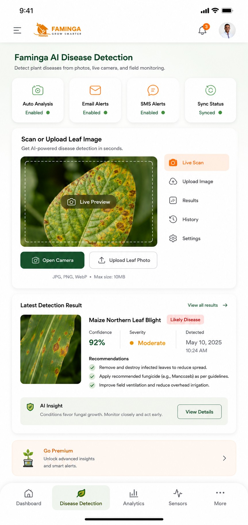 Faminga AI disease detection screen showing a maize northern leaf blight result at 92 percent confidence with treatment recommendations